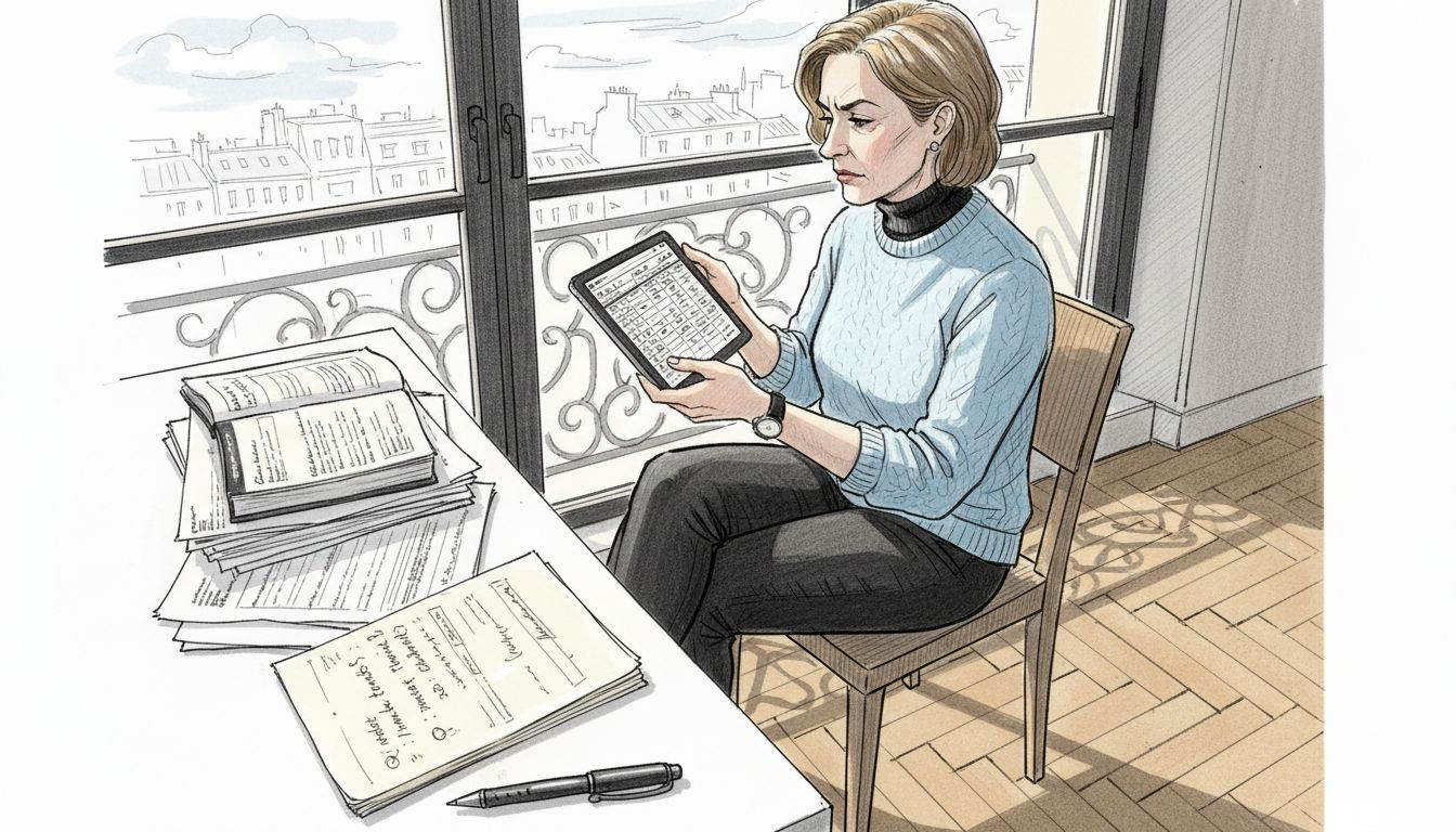 Woman reviewing investment statements at small desk