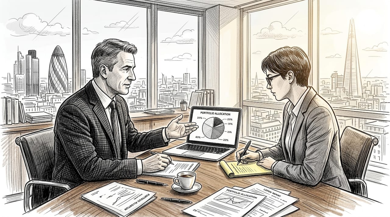 Wealth manager reviews portfolio with client