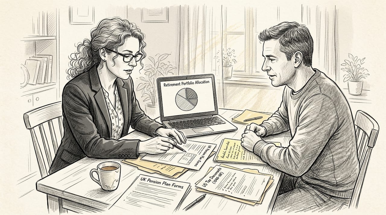 Adviser reviewing retirement statements with expat