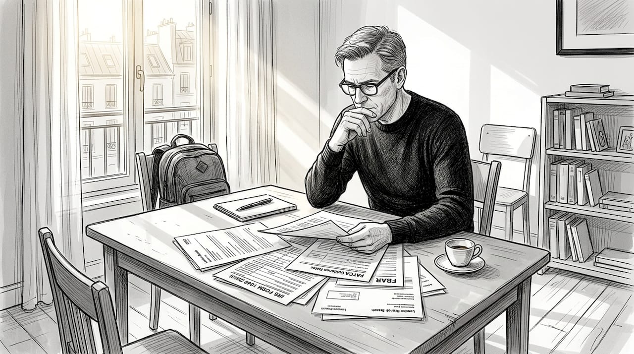 US expat reviewing paperwork in European home