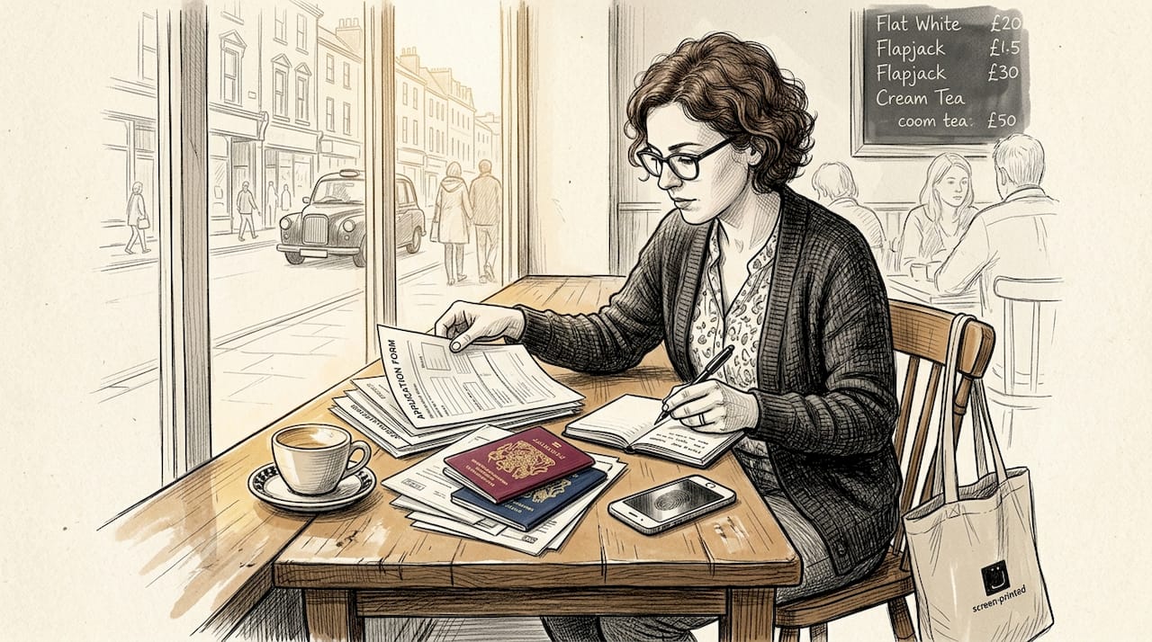 Expat gathering business documents in café