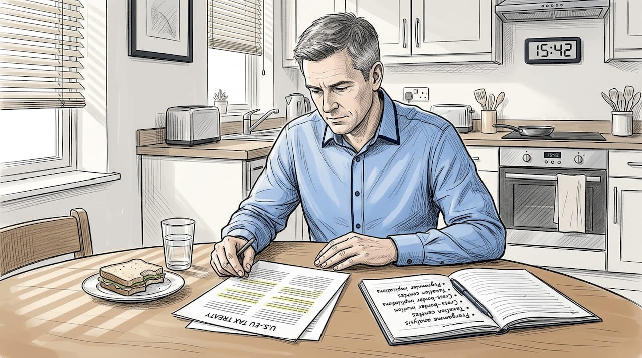 Man reviewing tax treaty printouts at table