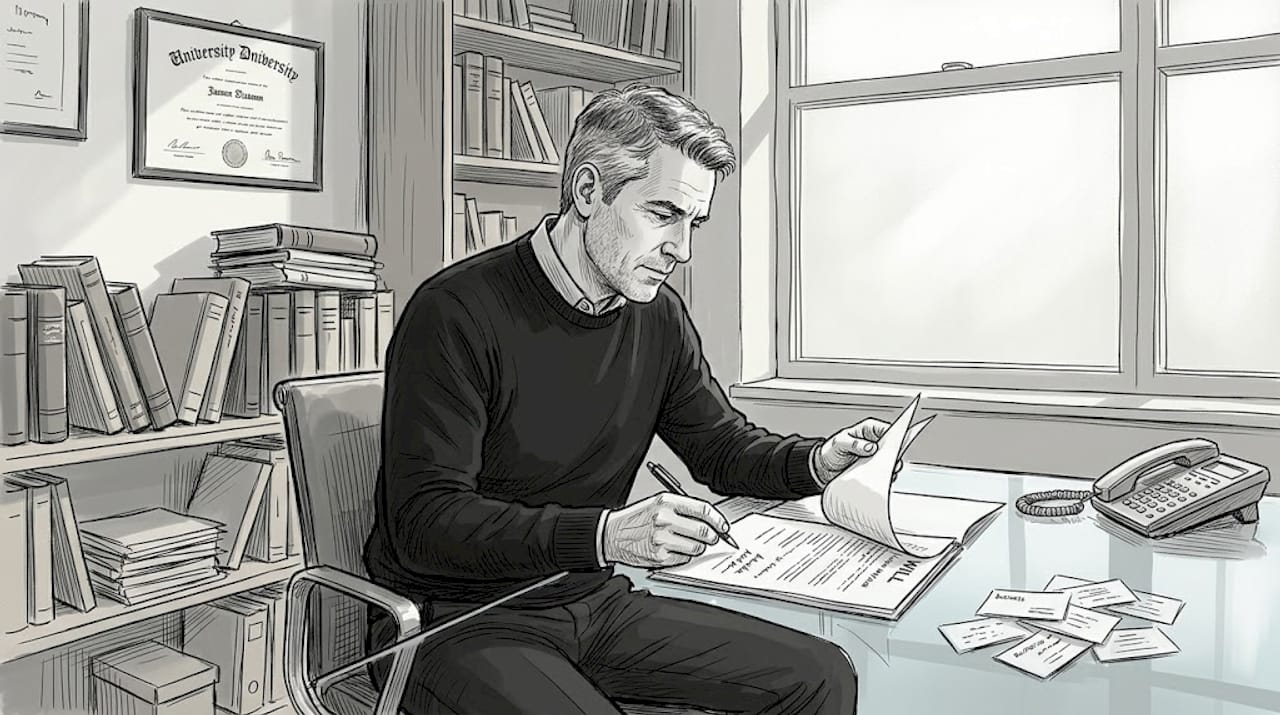 Lawyer reviewing will on cluttered office table