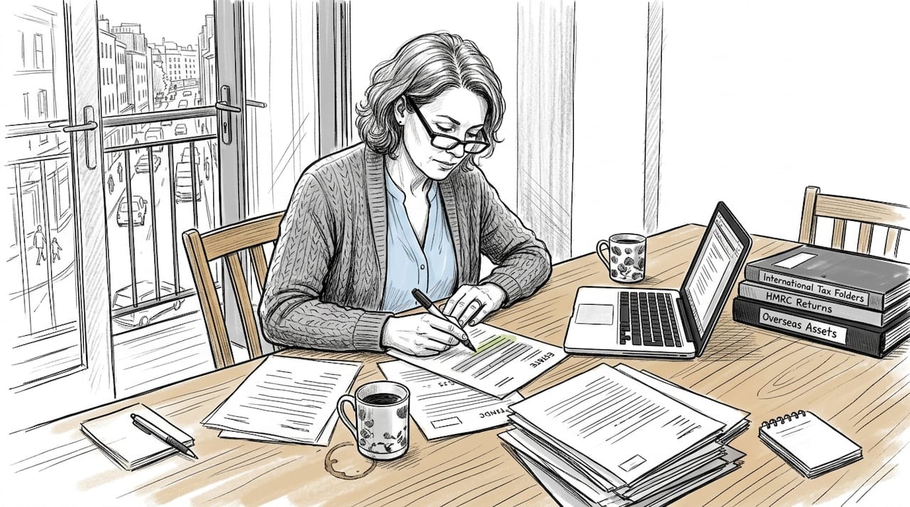 US expat reviewing estate documents in kitchen