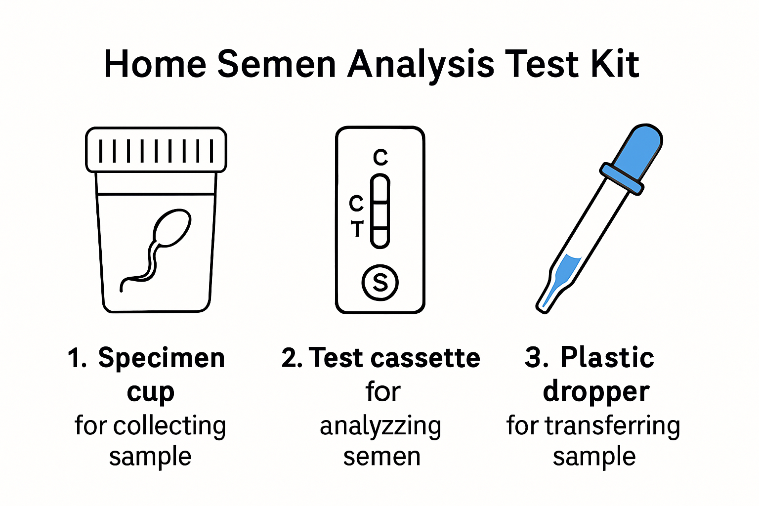 Diagram showing home semen analysis test kit components.