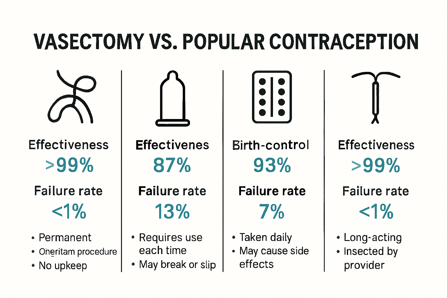 Infographic comparing vasectomy and contraception methods effectiveness