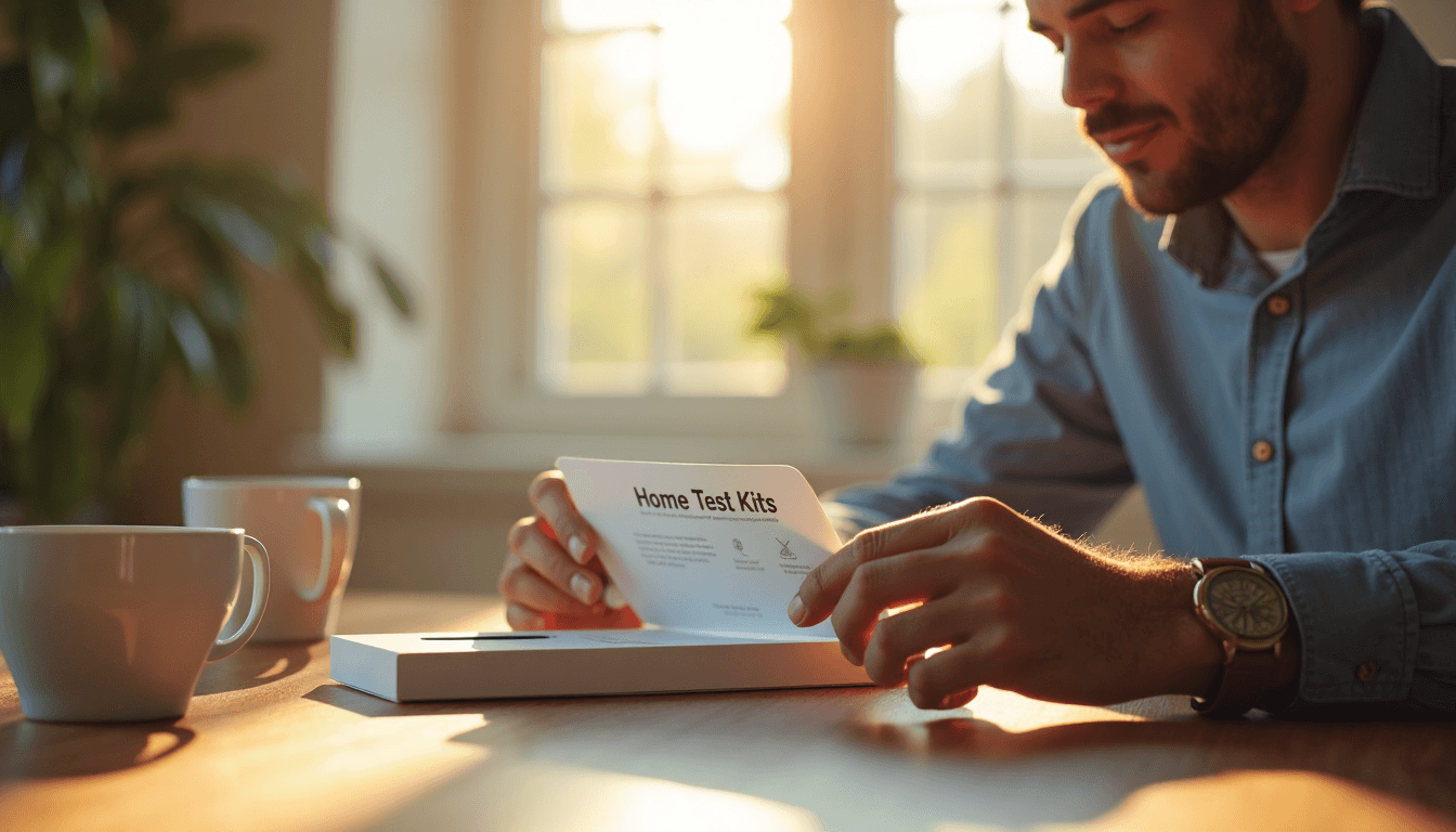 Man opening vasectomy home test kit in kitchen
