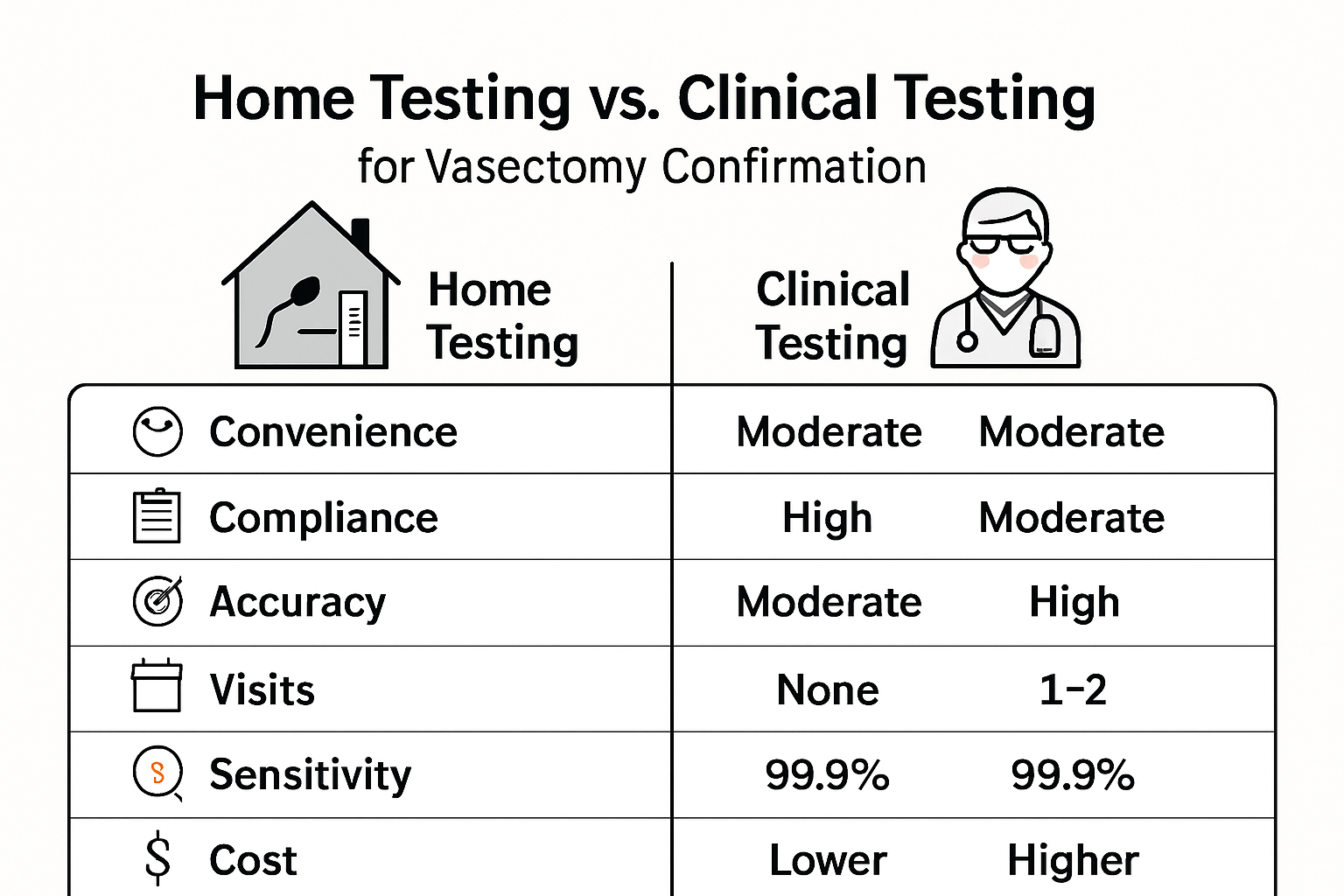 Infographic comparing home and clinical vasectomy confirmation testing options