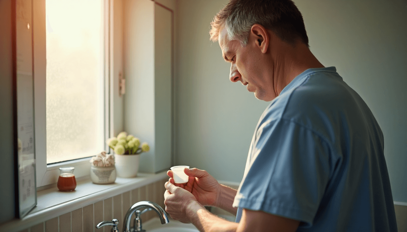 Man preparing specimen cup for sample collection in home bathroom