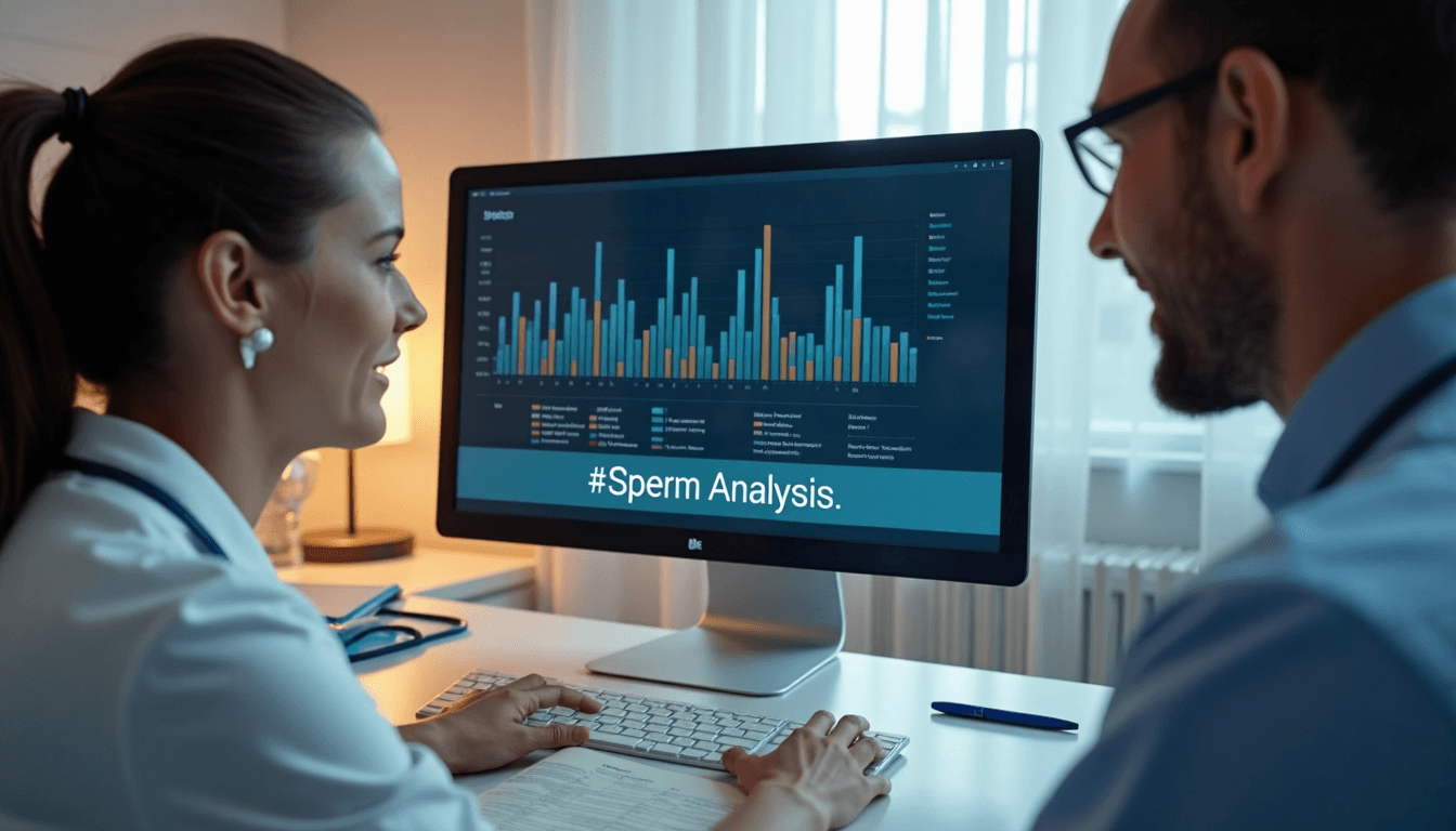 Lab consultation reviewing sperm analysis on computer
