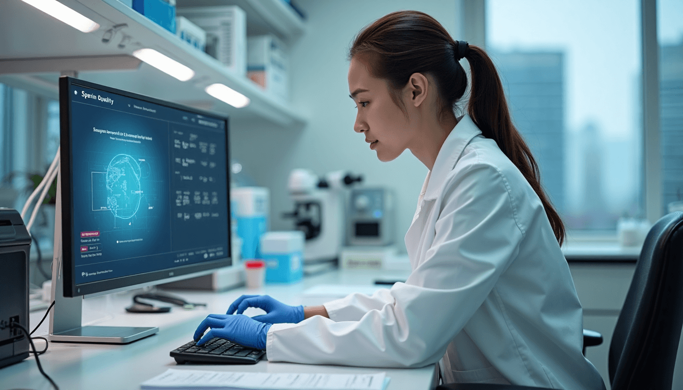 Lab scene with technician, vials, and DNA Quality dashboard on screen
