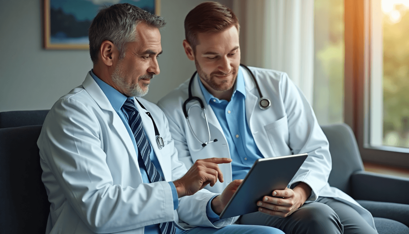 Doctor and patient review sperm motility data on tablet