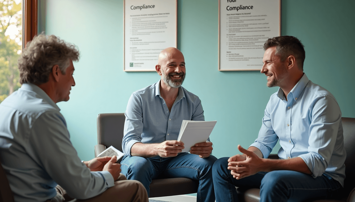 Men discussing compliance and convenience in clinic waiting room