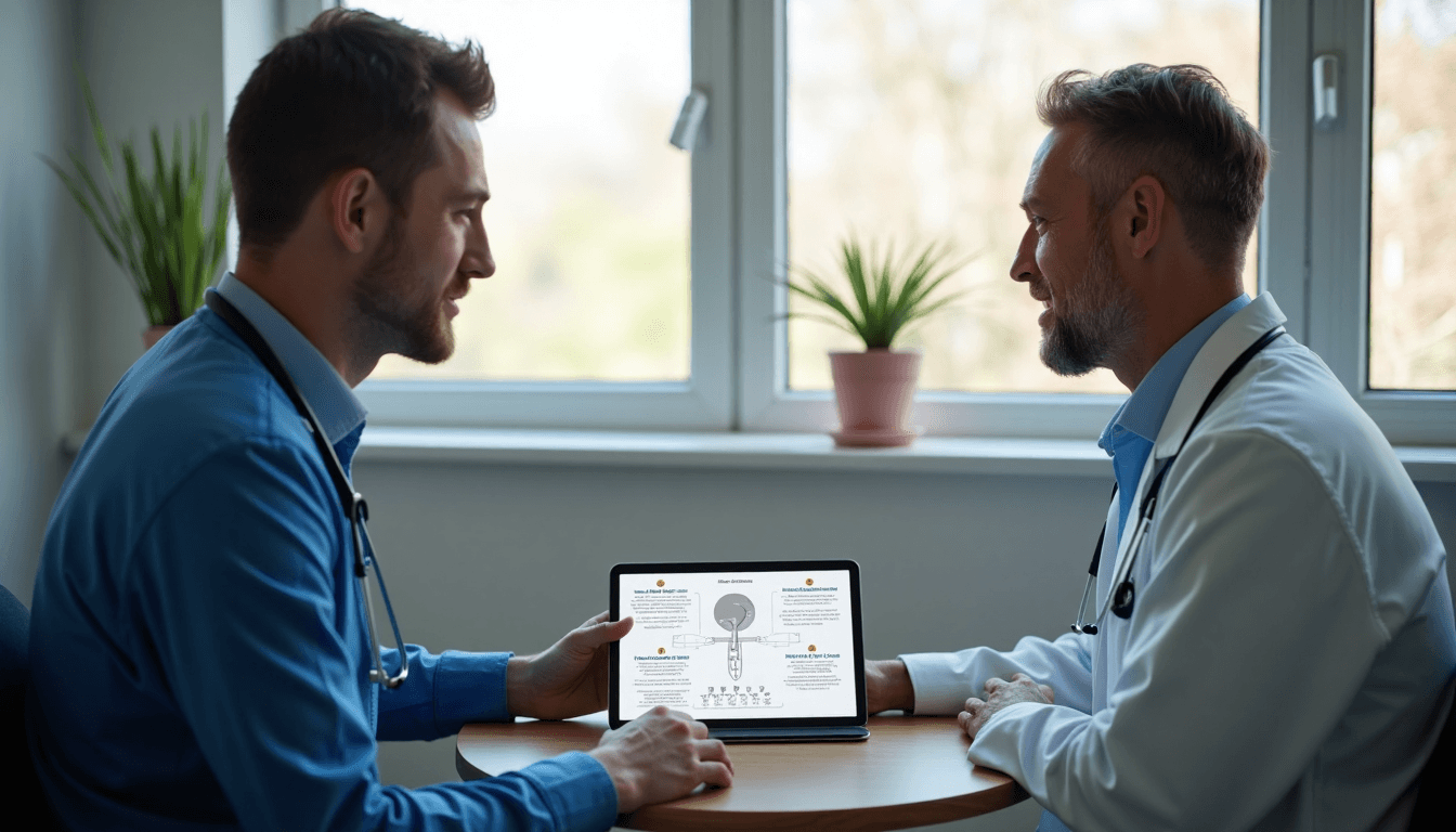 Doctor discusses vasectomy recovery with patient using tablet visual