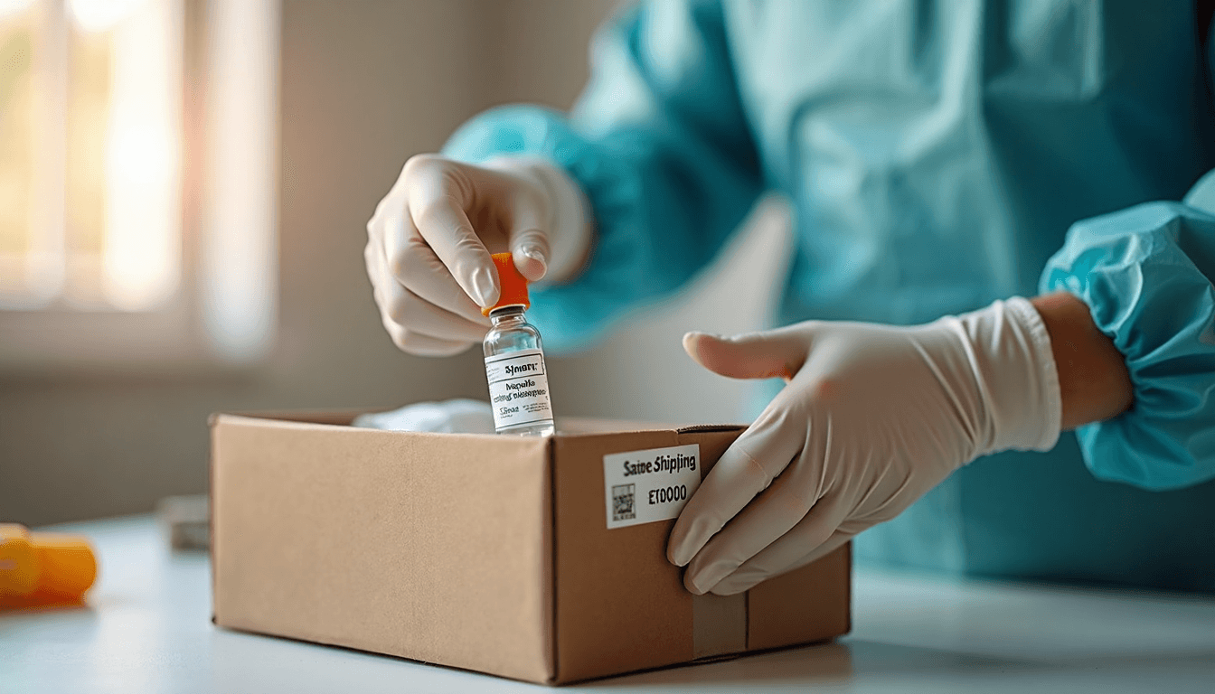 Technician packing insulated box with labeled specimen container