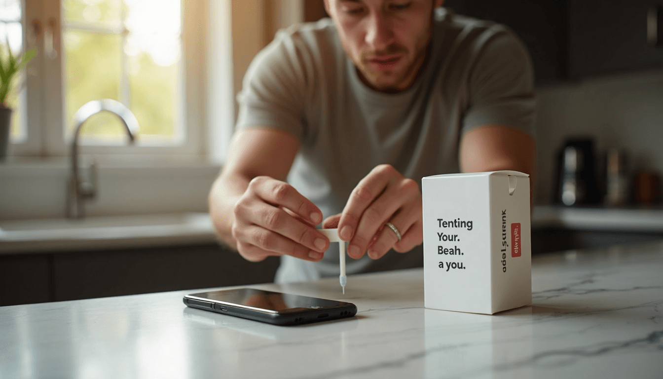 Man using at-home semen testing kit in kitchen