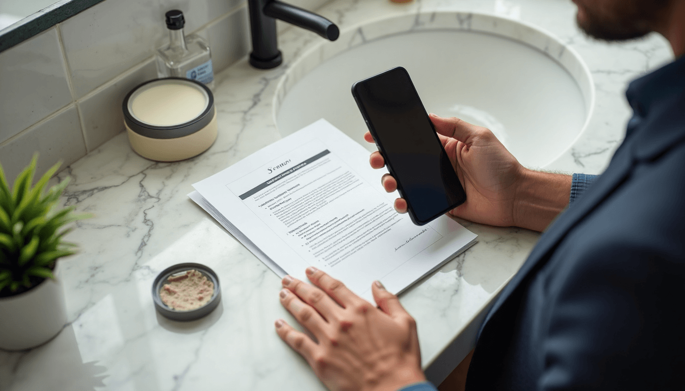 Man preparing at-home semen sample test kit in bathroom
