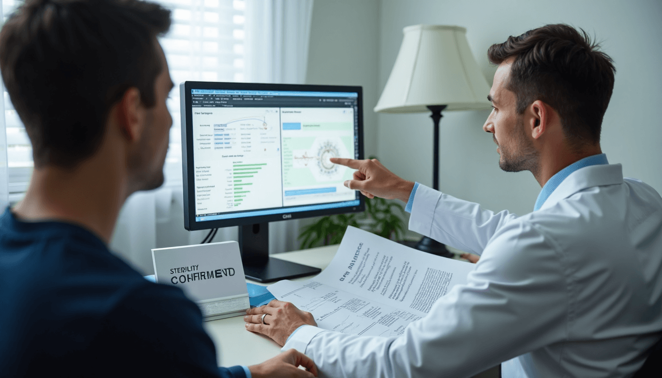 Patient and doctor reviewing vasectomy confirmation semen analysis results together