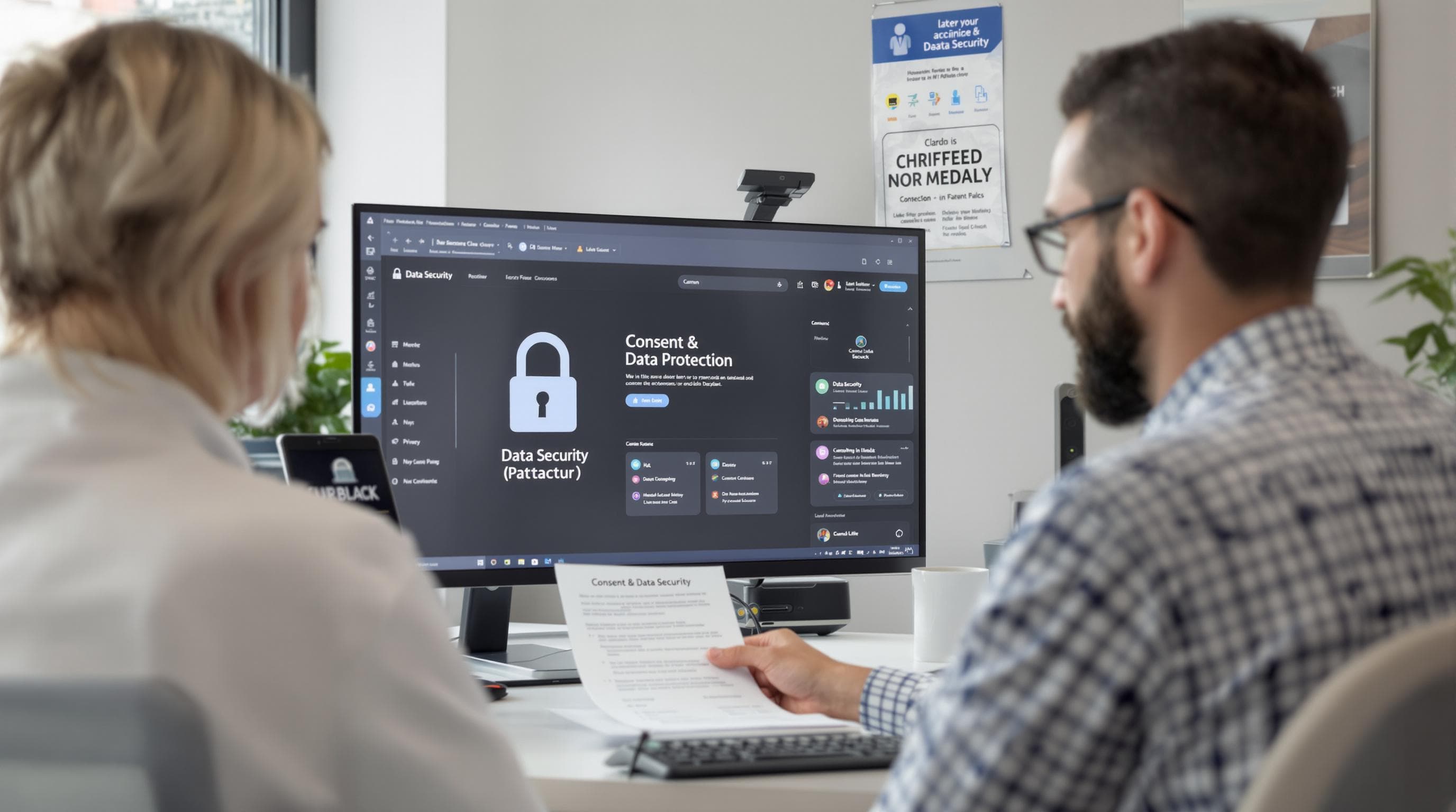 Clinician and patient discuss consent and data security at clinic