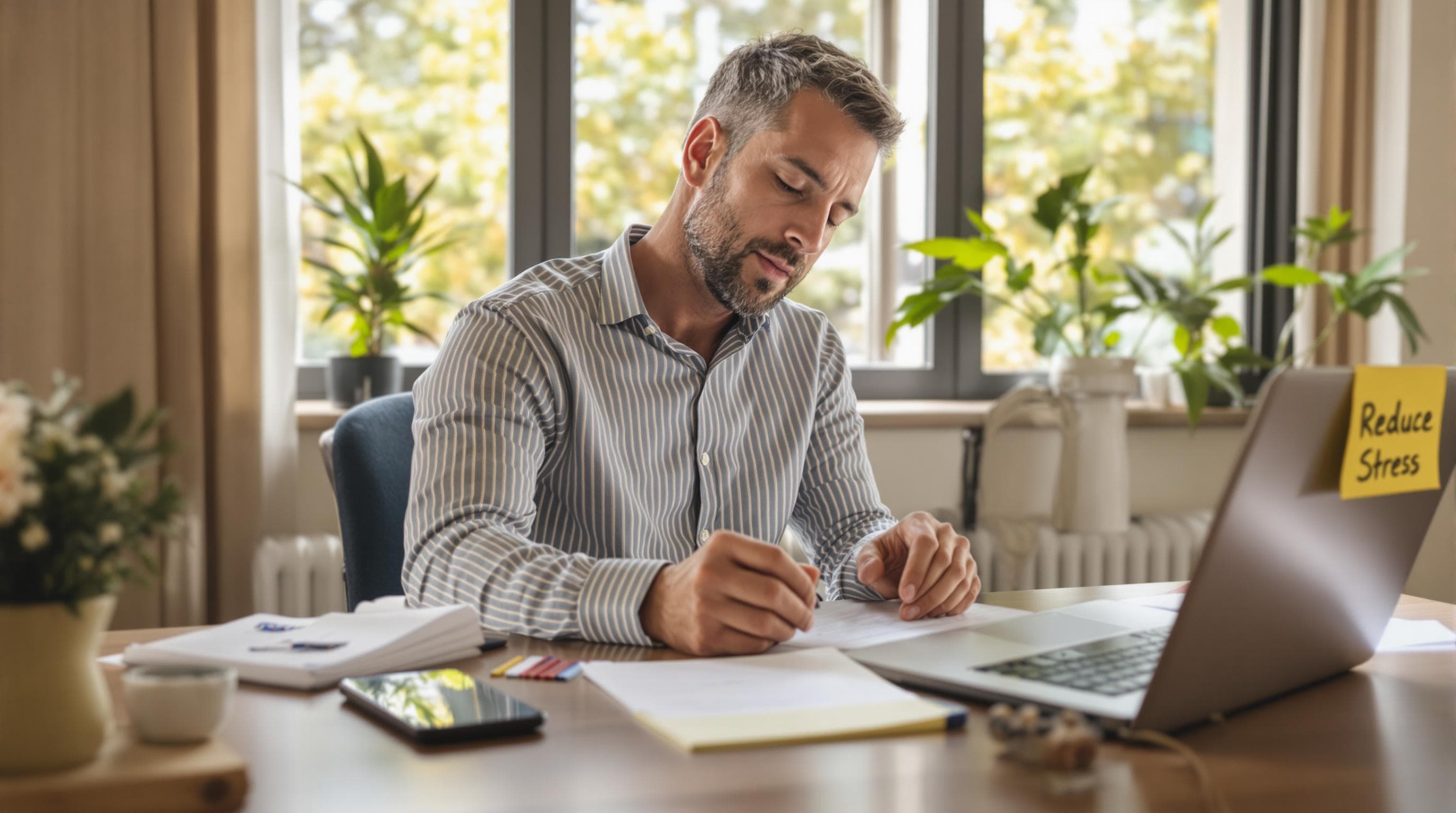 Man calmly preparing semen sample at home desk with 'Reduce Stress' note visible