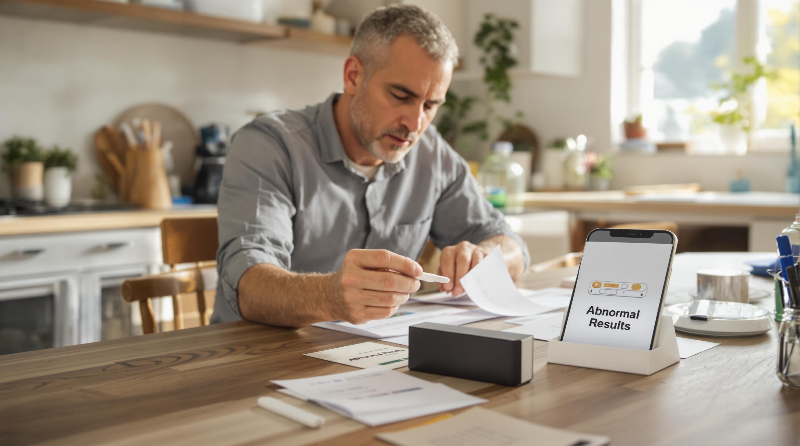 Man reviewing at-home reproductive health test results in kitchen