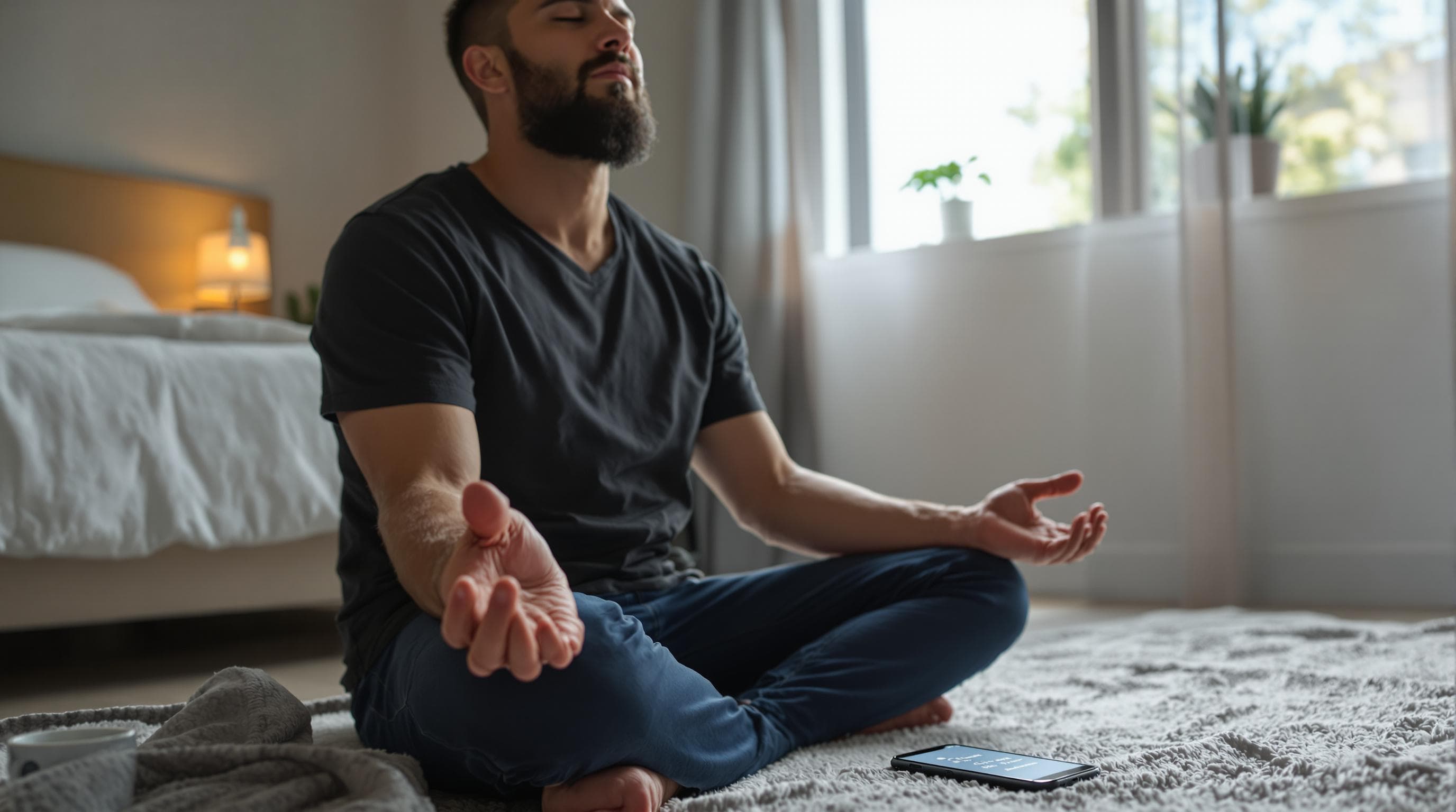 Man practices mindful breathing with 'Calm and Control' on phone app
