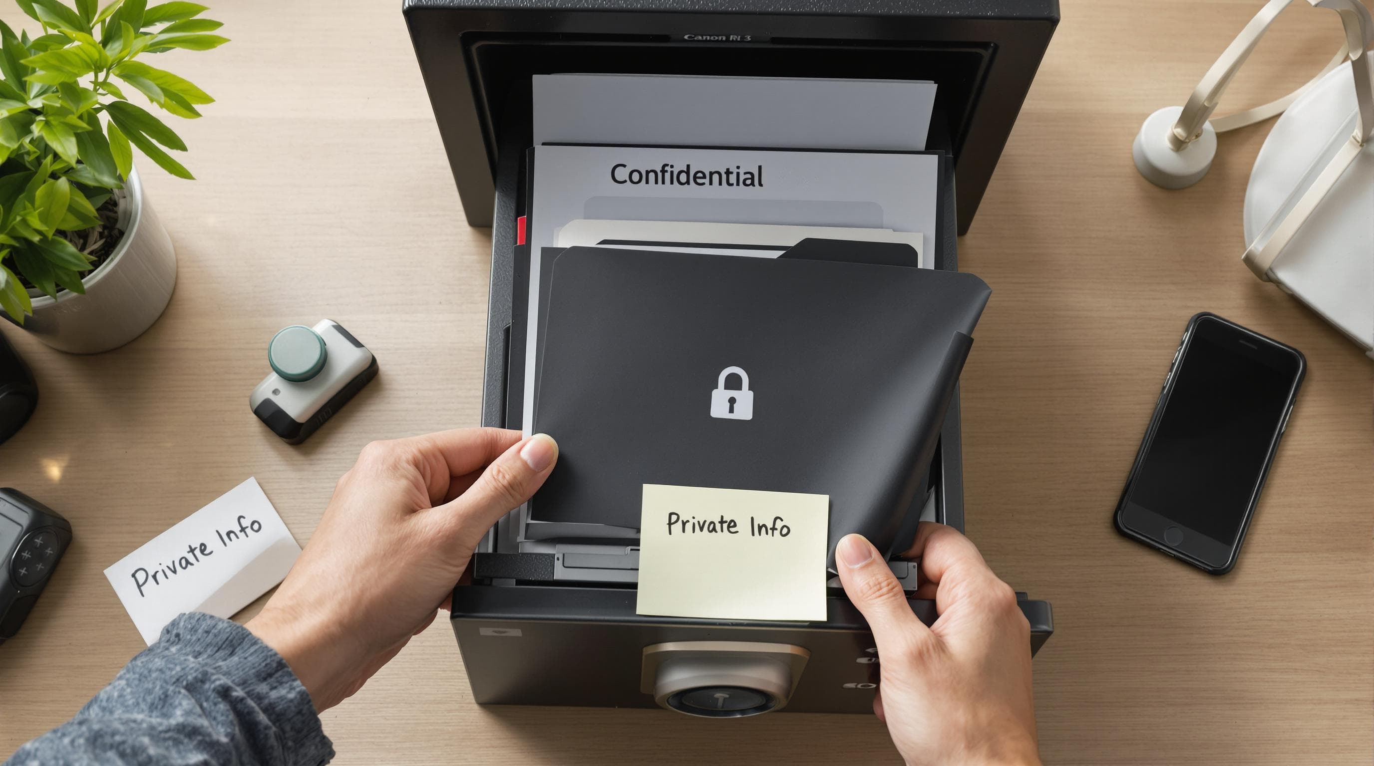 Hands store confidential health results in home safe with privacy reminder