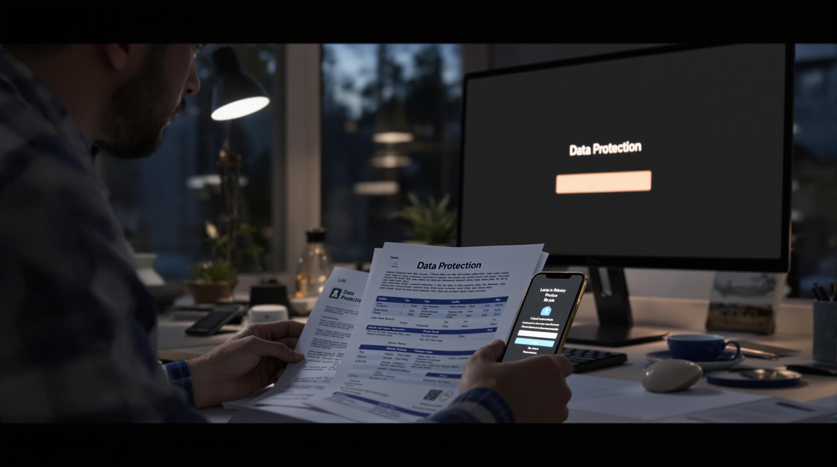 Man reviews health test results with cloud security screen at home