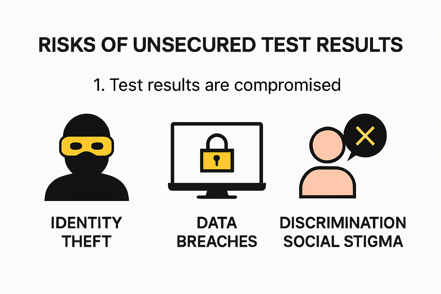 Infographic showing risks of unsecured test results such as data breaches and identity theft