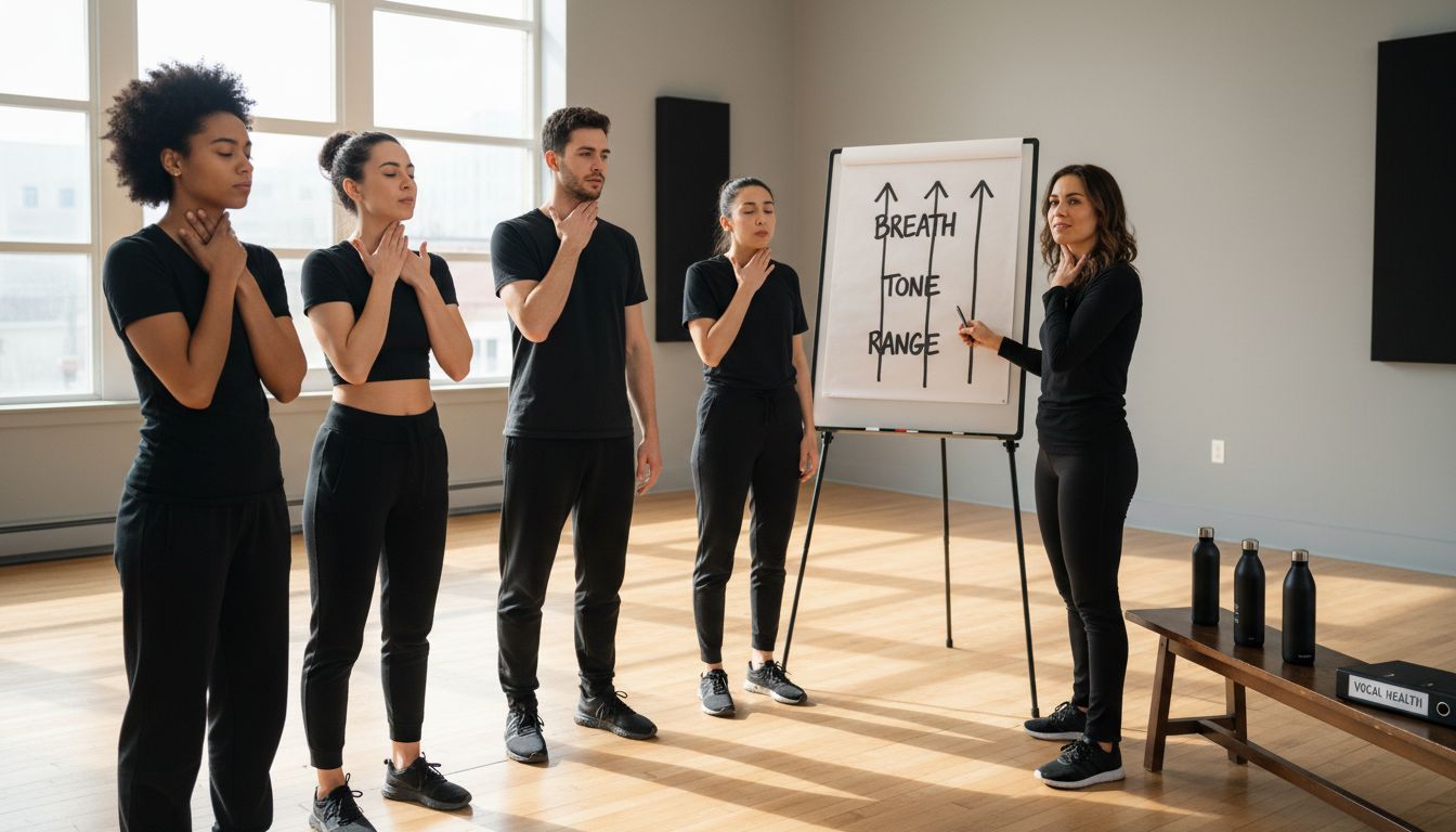 Performers practicing vocal warm-up exercises