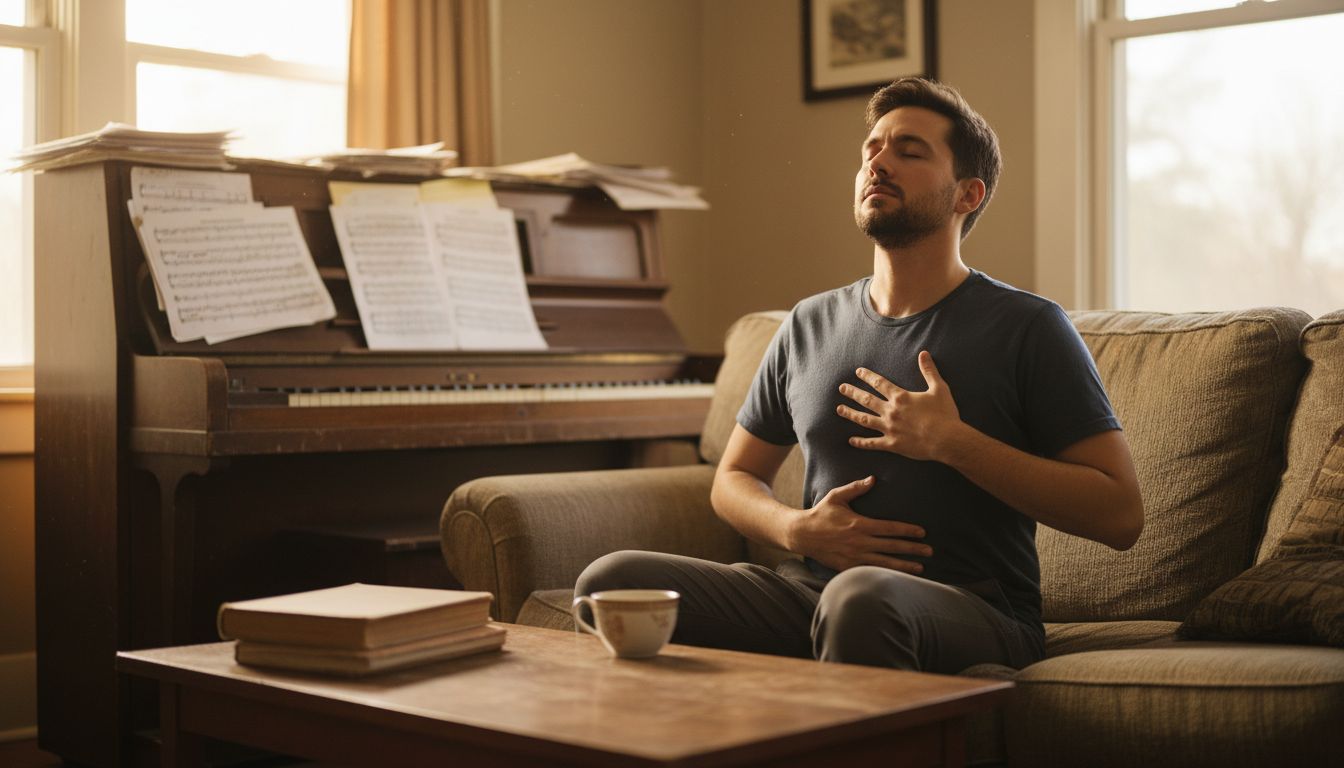 Man practices diaphragmatic breathing at home