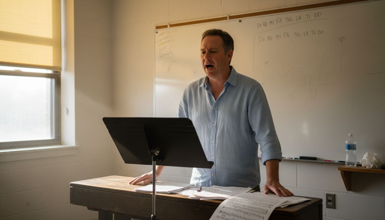 Older man practicing voice exercises in room
