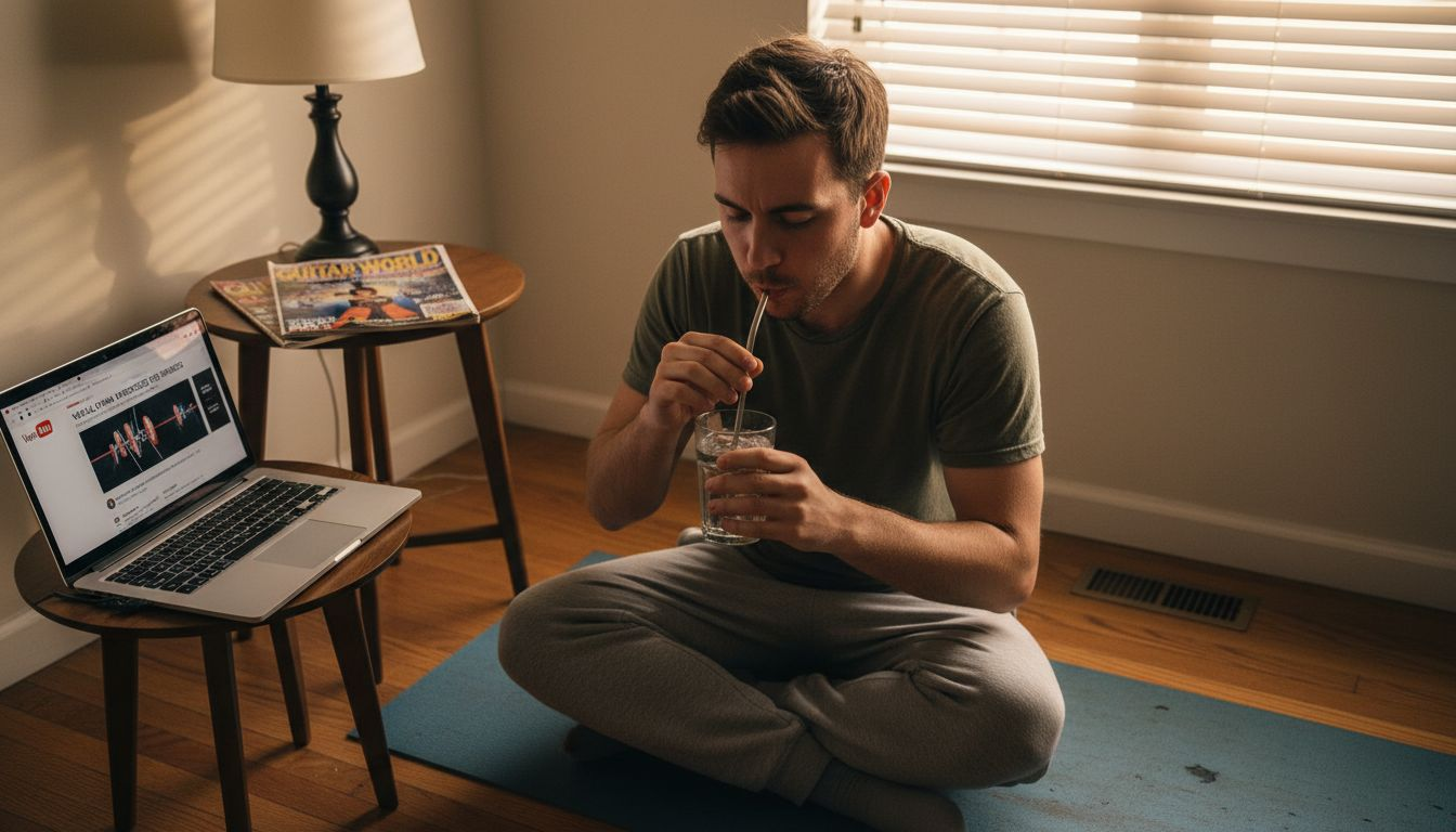 Man practices breathing exercises for vocal health
