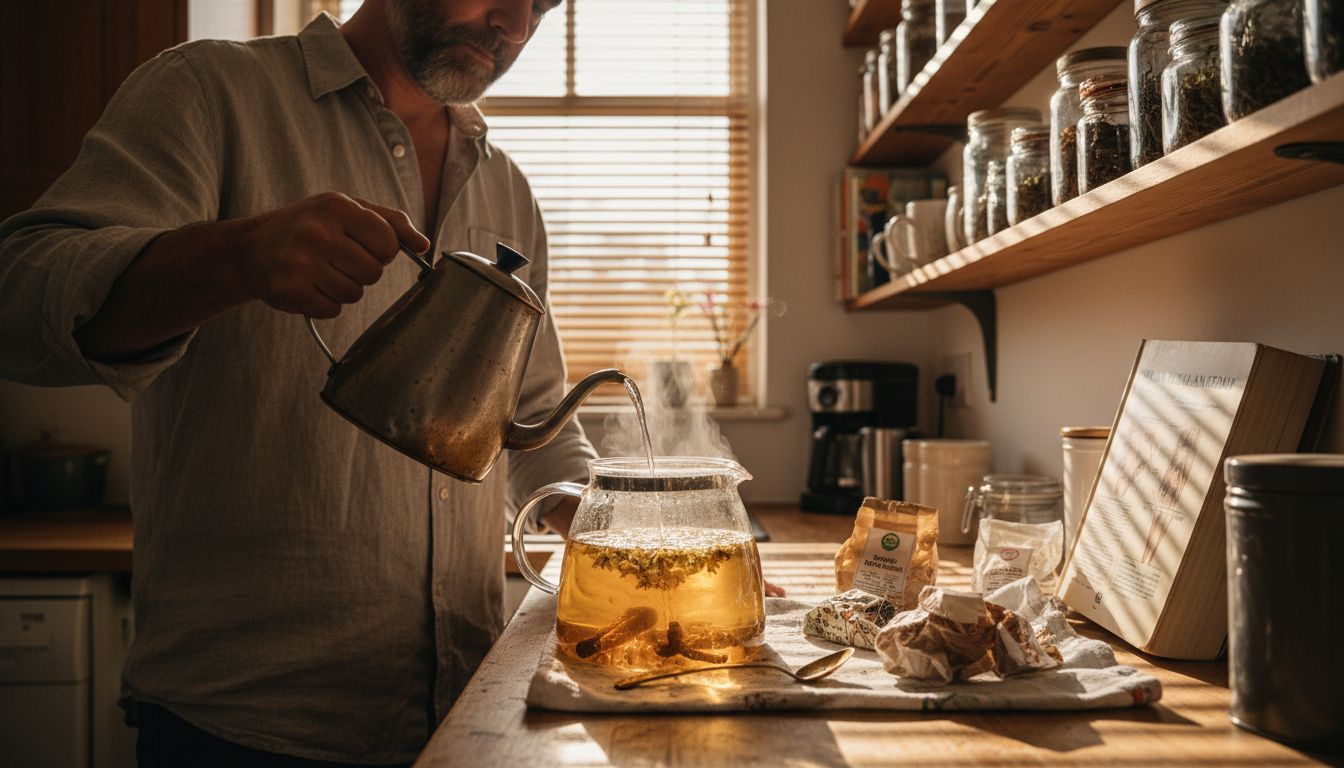 Man making herbal tea for vocal care