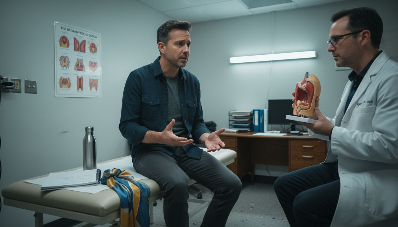 Singer consulting throat specialist in office