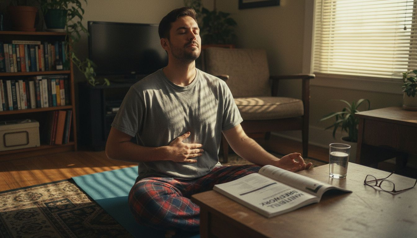 Man practicing diaphragm breathing on yoga mat
