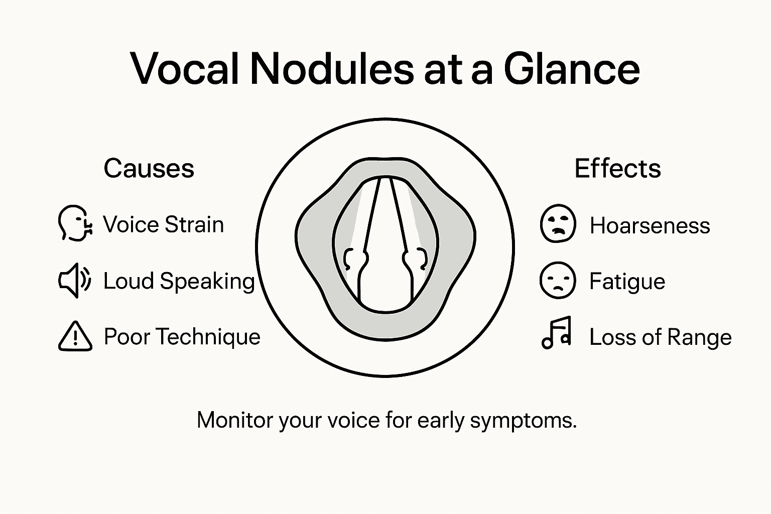 Infographic summarizing vocal nodules causes and effects
