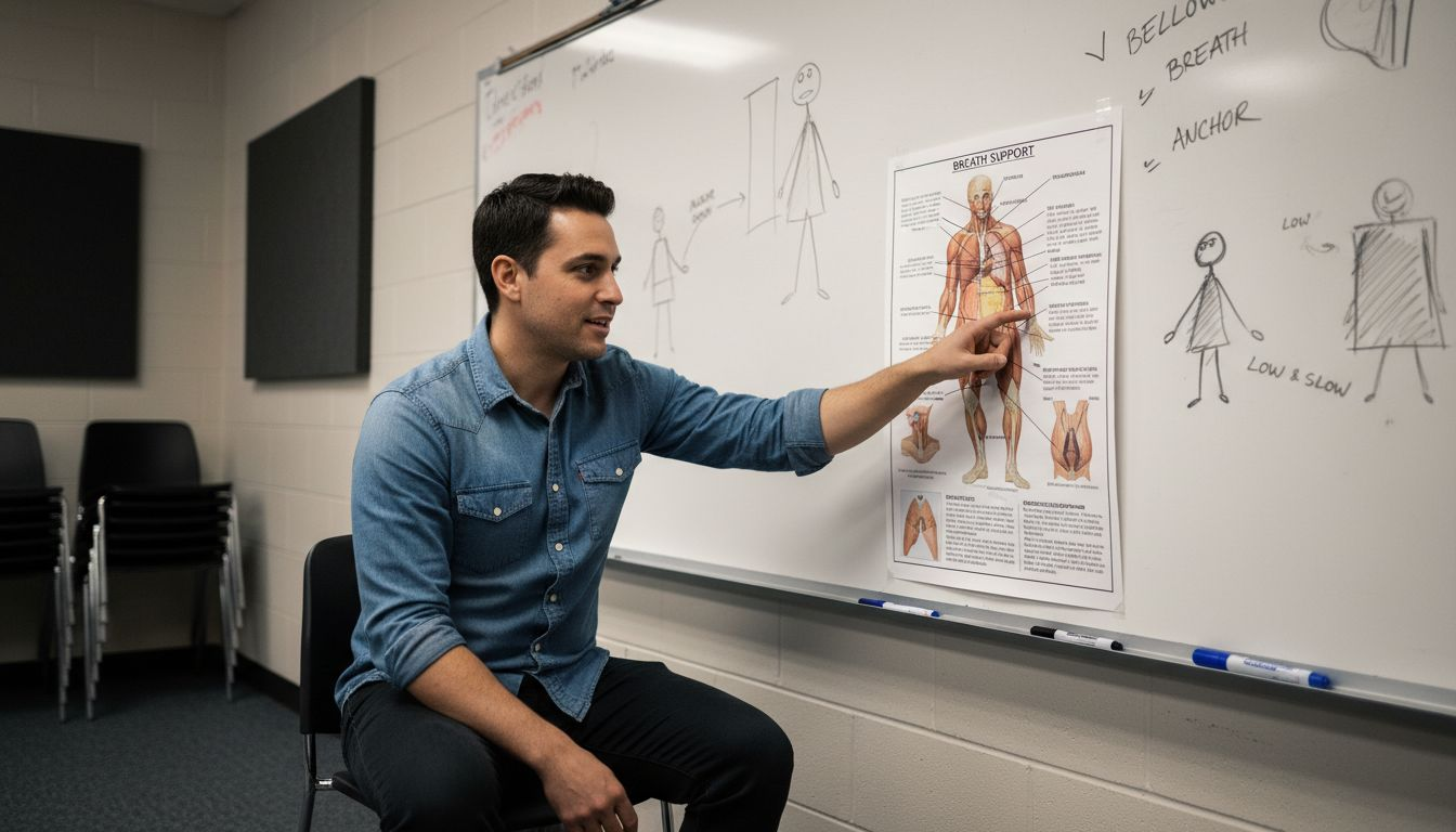Vocal coach explaining breathing muscle poster
