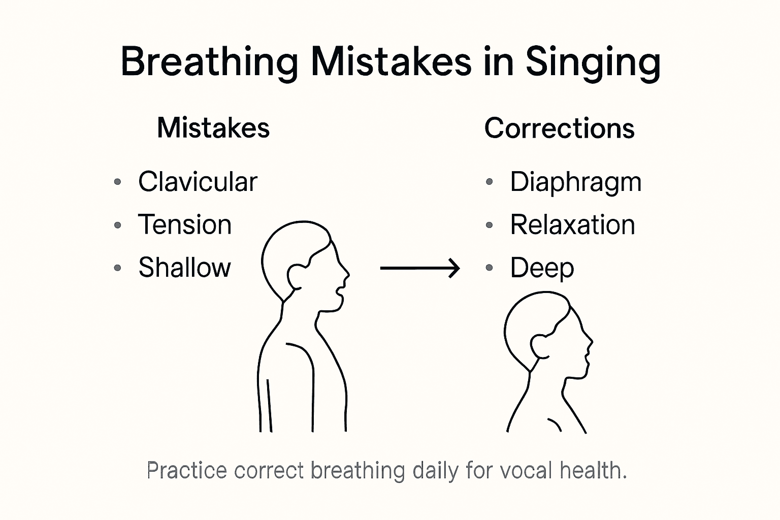 Infographic showing singing breath mistakes and corrections