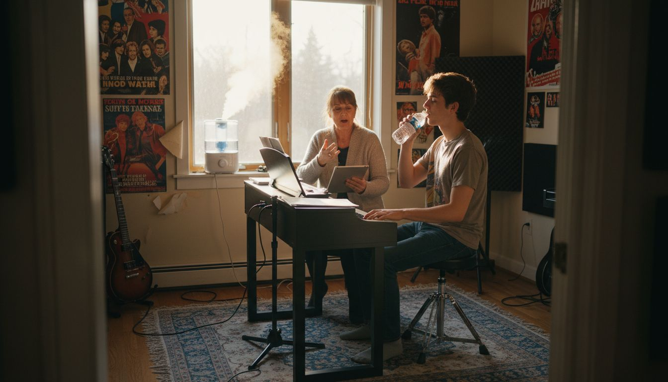 Singer practicing voice therapy with therapist