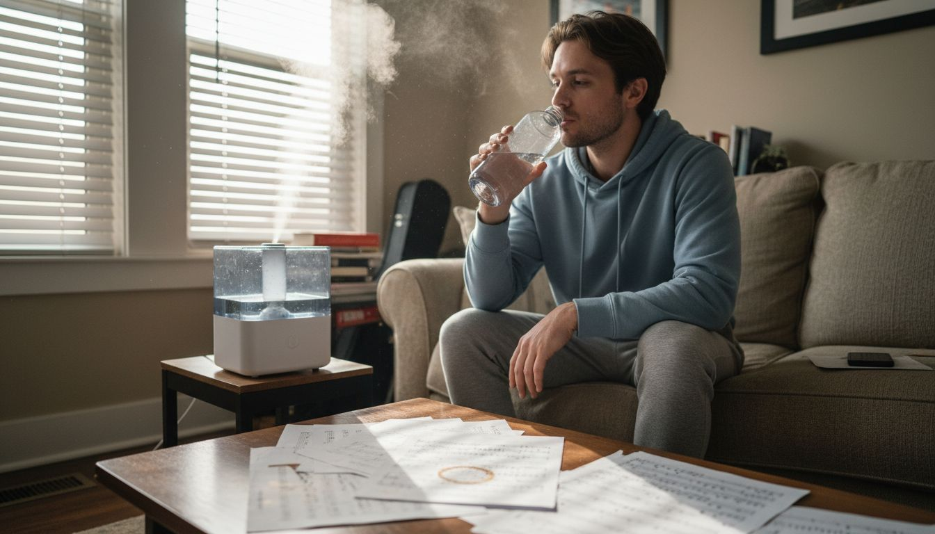 Singer hydrating with humidifier nearby