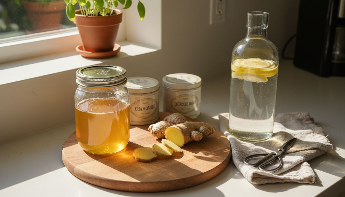 Herbal remedies and tools arranged on counter
