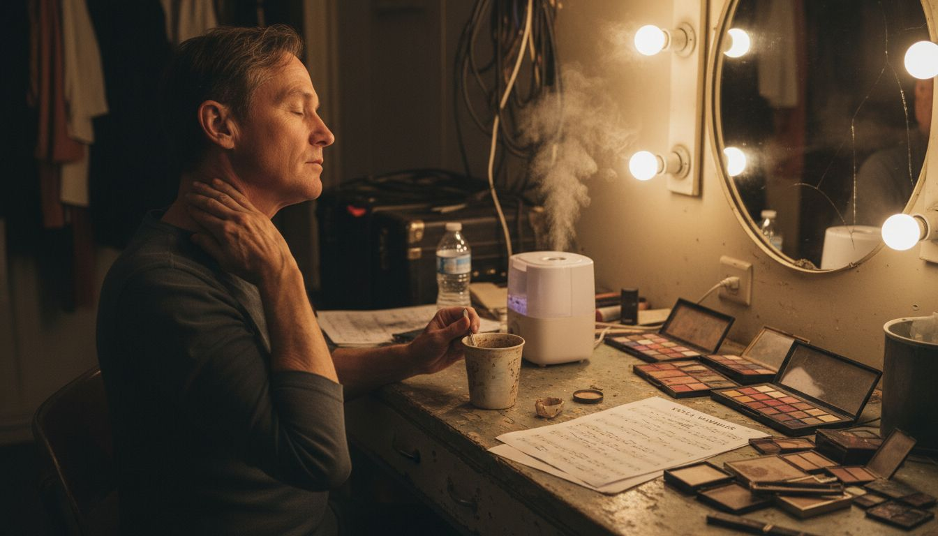 Performer doing vocal care backstage