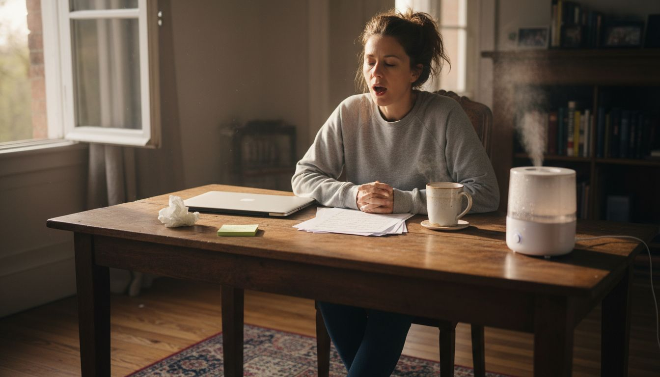 Woman doing vocal warm-ups at desk