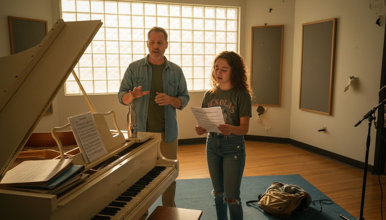 Vocal coach leads singer in rehearsal