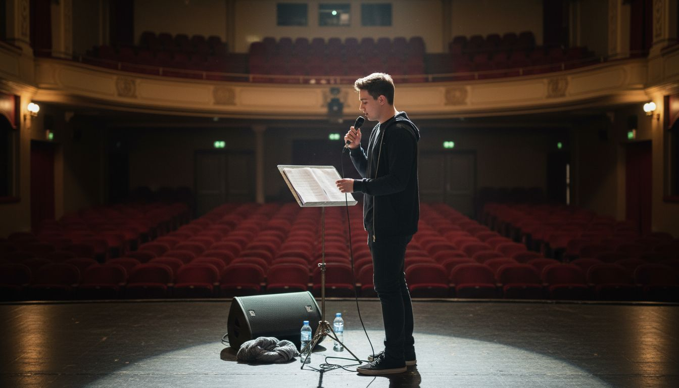 Vocalist practicing on empty theater stage
