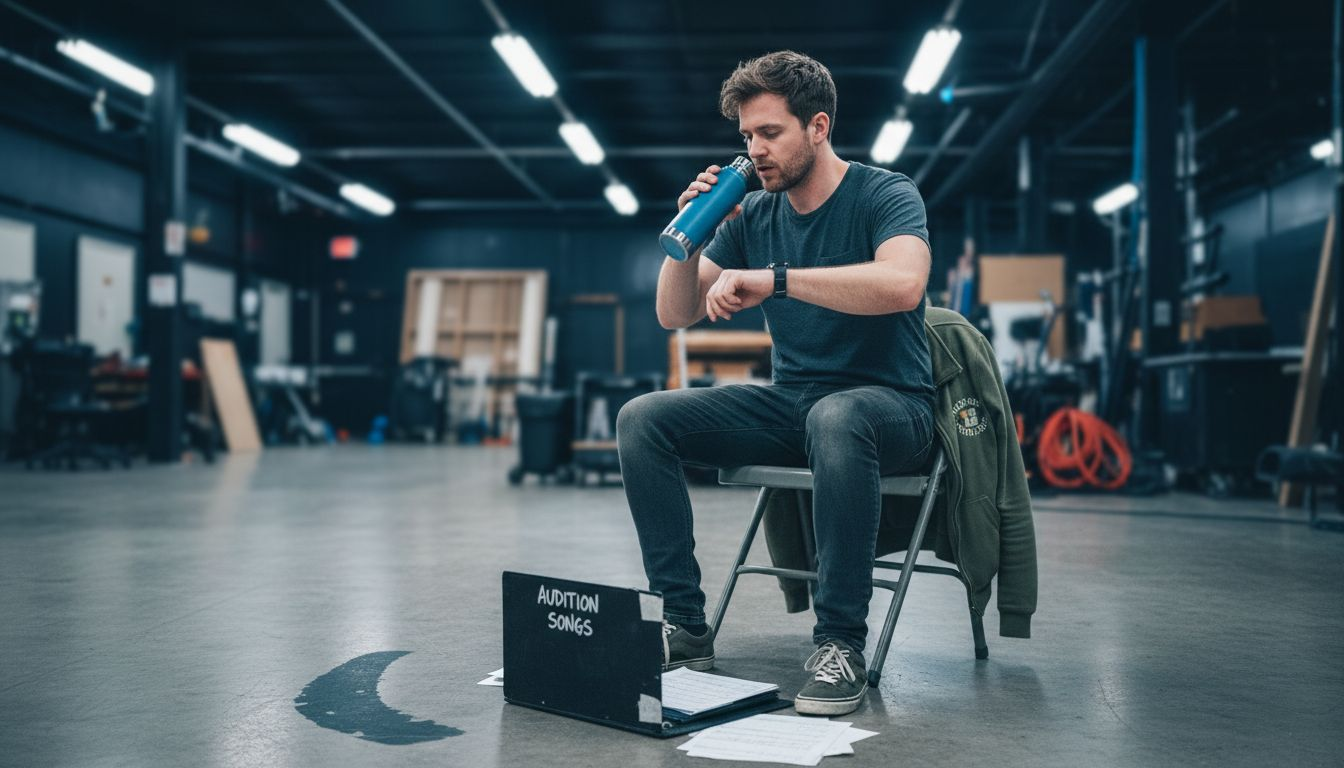 Performer hydrating before vocal warmup