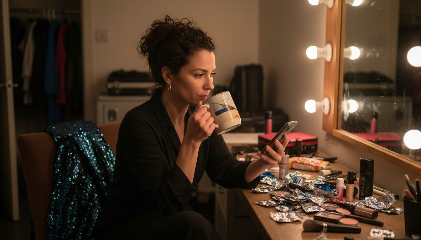 Vocalist drinking tea in backstage room