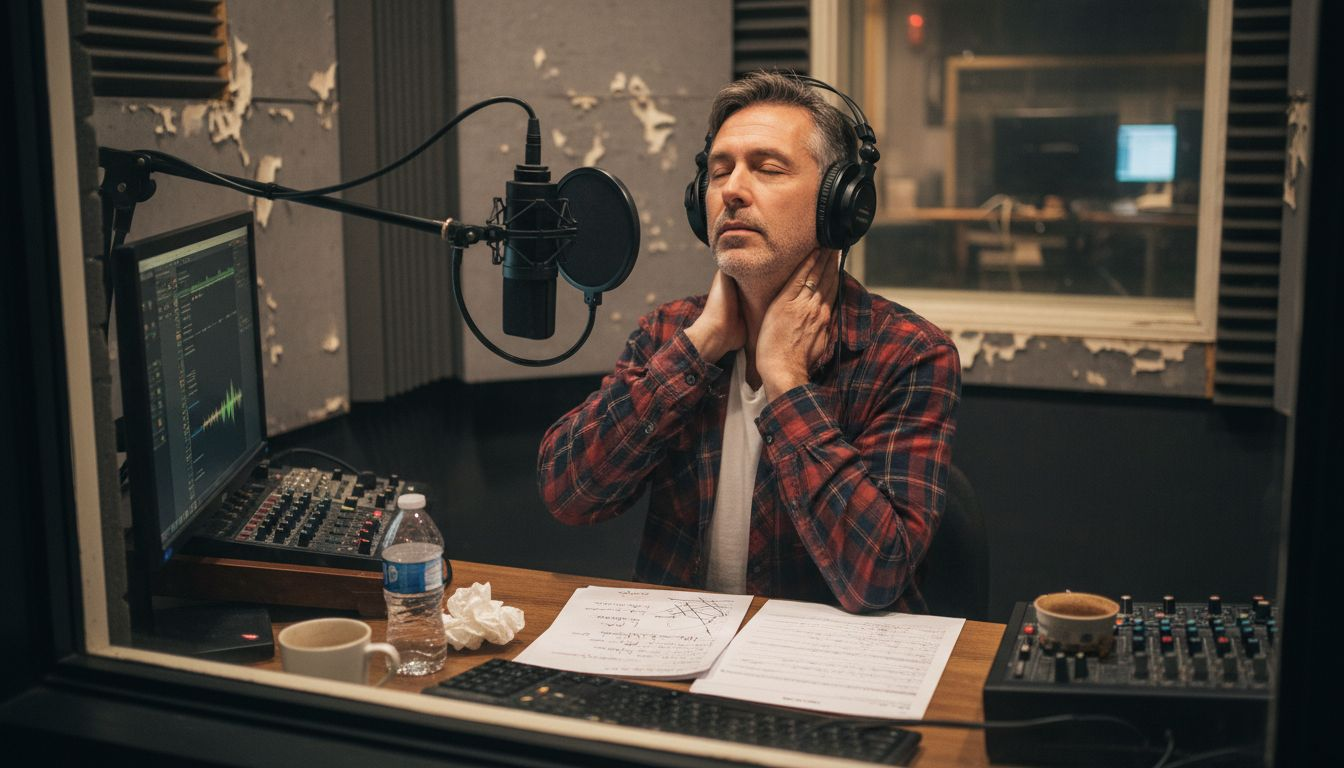 Voice actor pausing in sound booth with discomfort