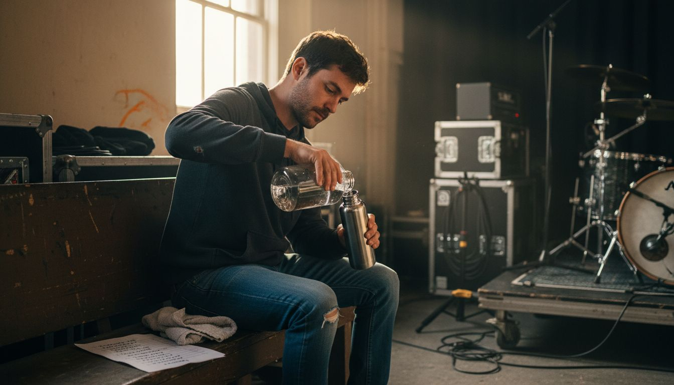 Vocalist hydrating backstage before performance